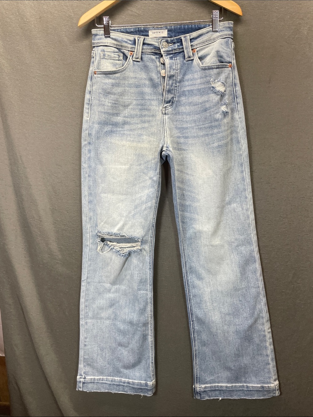 Artemis Vintage  high rise Light Blue Distressed wide Straight Leg Jeans